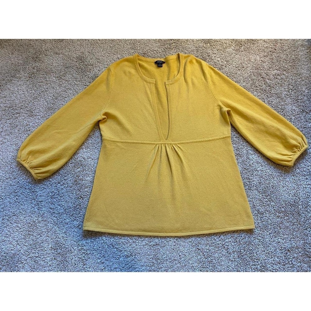 Prive Sweater Cashmere Large Butter Yellow Puff Sleeve V Neck Classic Luxsku16